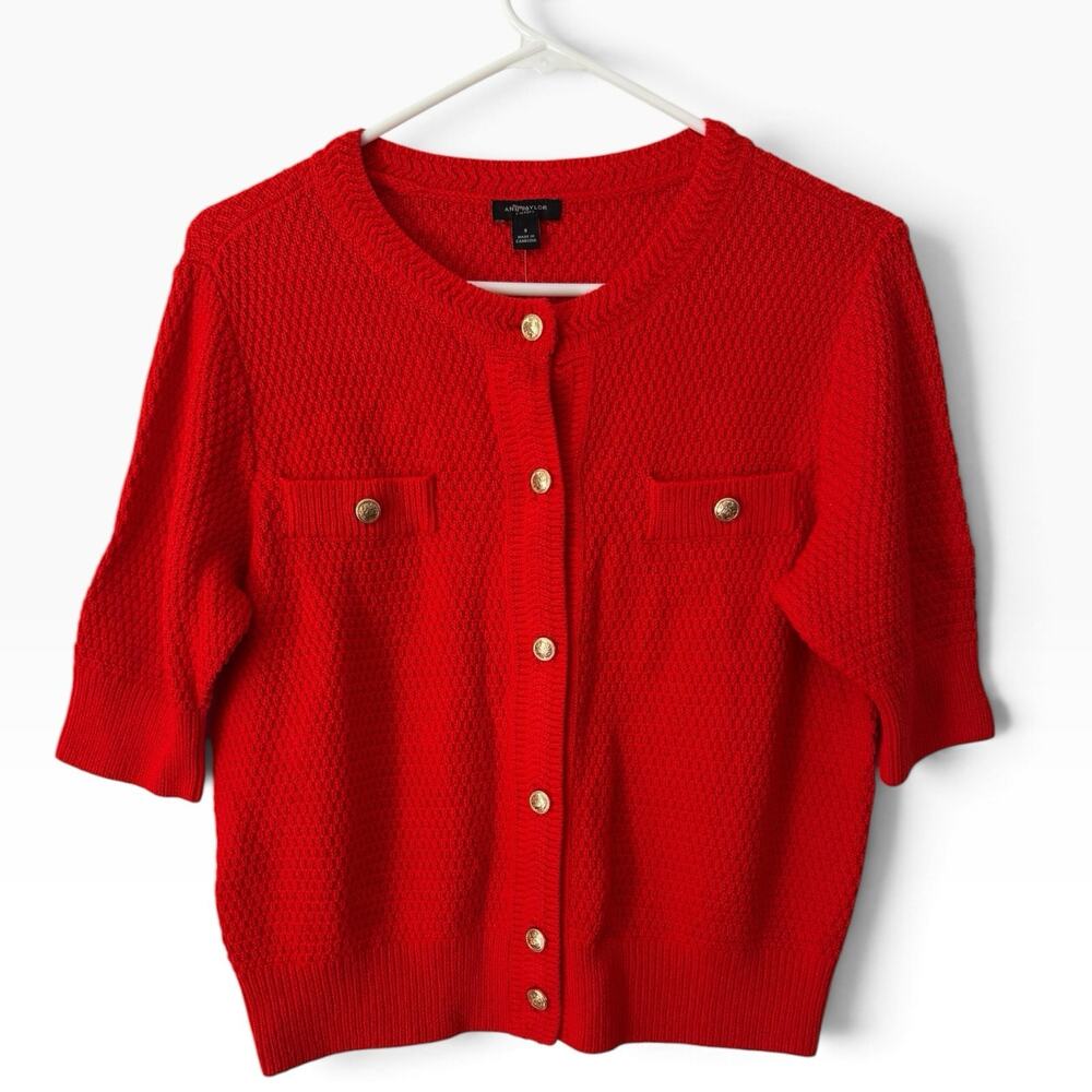 Ann Taylor Orange Textured Knit Gold Button Short Sleeve Cardigan Sweater Small